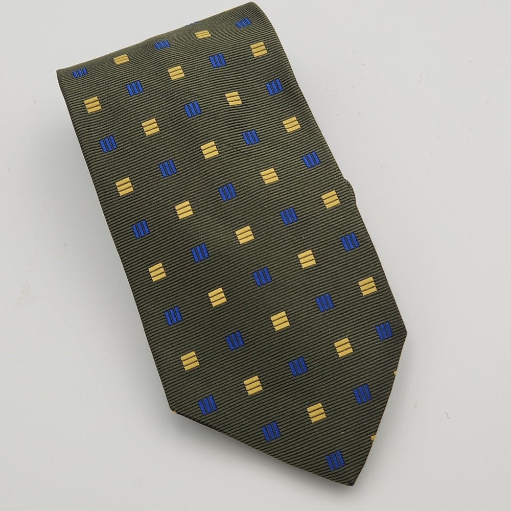 Brooks Brothers 346 Pure Silk Tie Necktie Olive Green Blue Gold Geometric